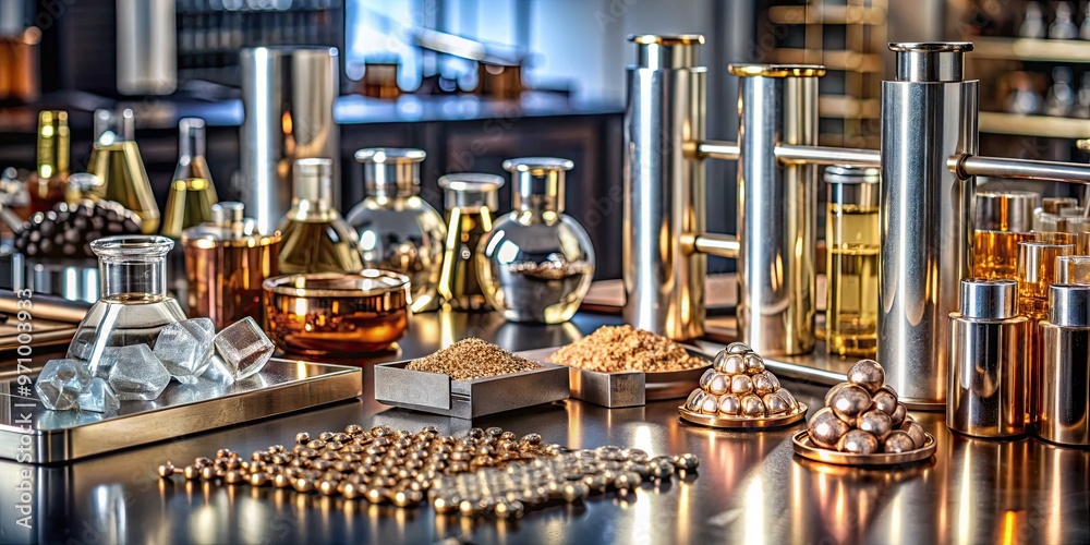 Assortment of periodic table metal elements, including copper, silver ...