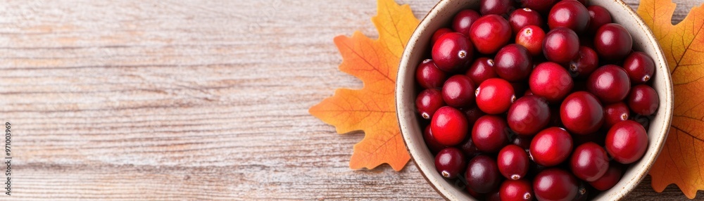 Fresh cranberries in a bowl surrounded by autumn leaves on a rustic wooden surface, perfect for seasonal recipes. Fresh cranberries in a bowl surrounded by autumn leaves on a rustic wooden surface, perfect for seasonal recipes.