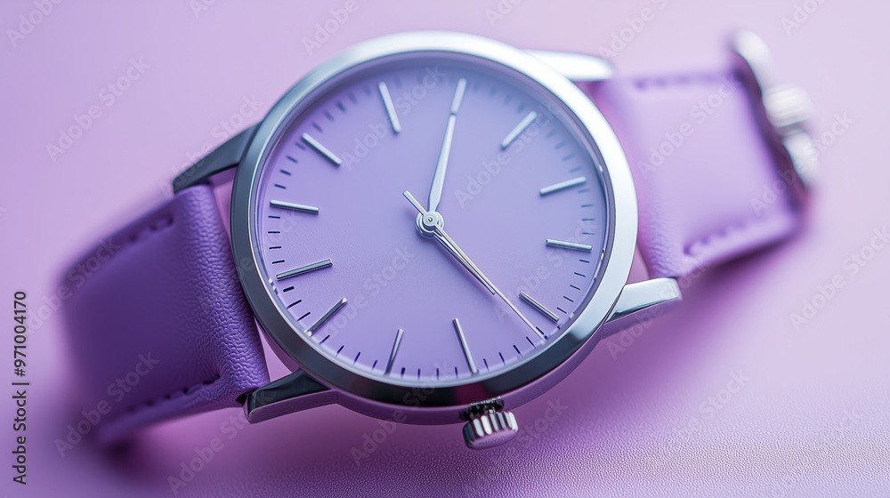A stylish wristwatch with a purple band and minimalist dial, placed against a lavender background, creating a sleek and modern aesthetic. A stylish wristwatch with a purple band and minimalist dial, placed against a lavender background, creating a sleek and modern aesthetic.