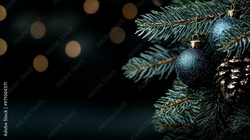 Blue Christmas Ornament on Pine Branch with Bokeh Background Blue Christmas Ornament on Pine Branch with Bokeh Background