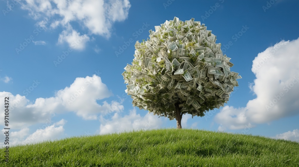 Financial growth concept: dollar bill tree on green hill under blue sky Financial growth concept: dollar bill tree on green hill under blue sky