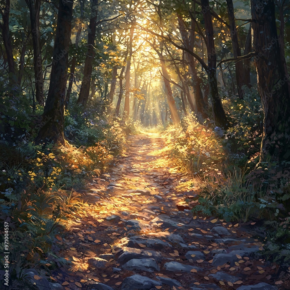 Obraz premium Peaceful Forest Path at Sunrise with Natural Details