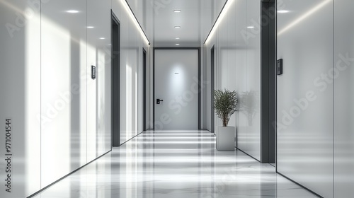 A sleek, modern hallway with glossy white walls, minimal decor, and a potted plant, lit by natural light, offering a clean and stylish look.