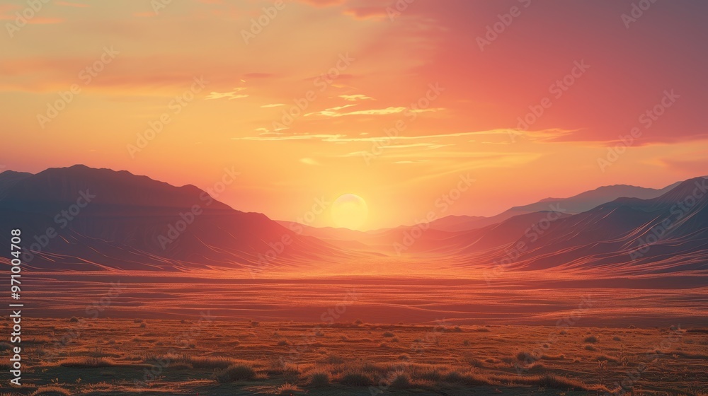 Breathtaking Sunset Over a Vast Desert Landscape with Majestic Mountains Breathtaking Sunset Over a Vast Desert Landscape with Majestic Mountains