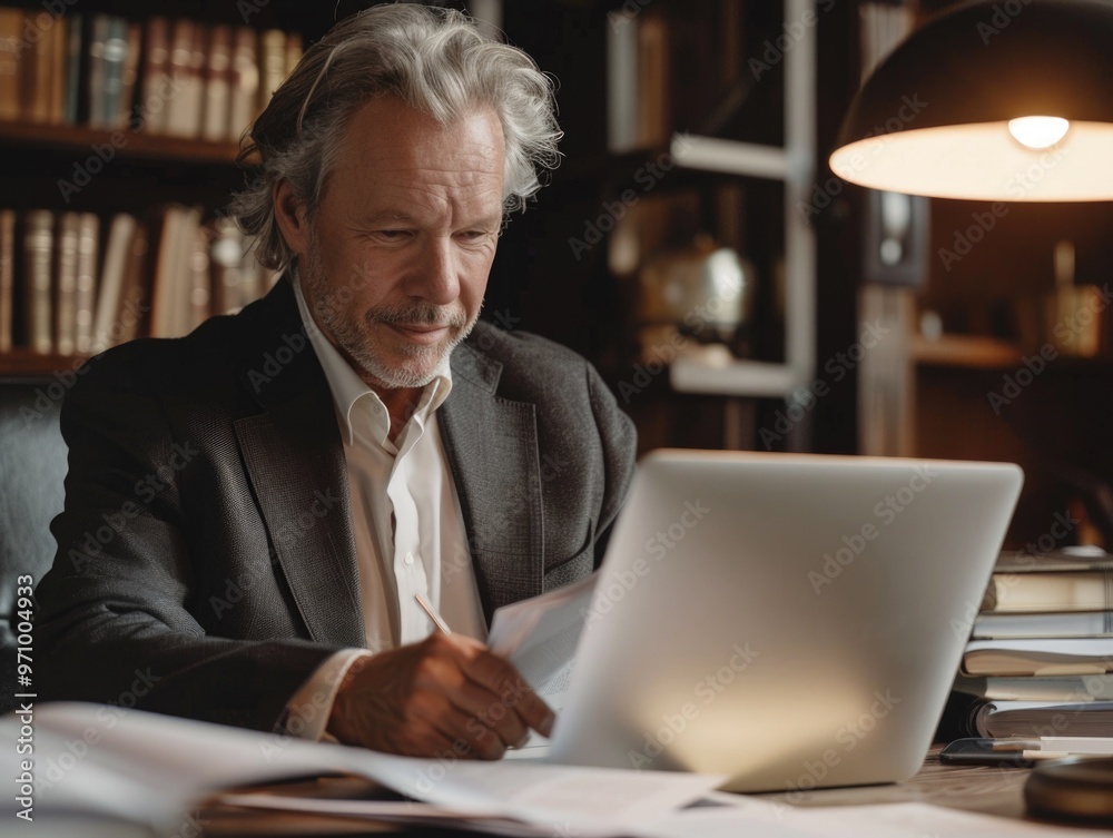 Professional Man Reviewing Papers at Desk Professional Man Reviewing Papers at Desk