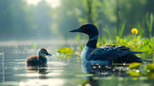 Adult loon caring for its baby chick in a serene lake setting with space for text or graphics. Copy space image. Place for adding text and design