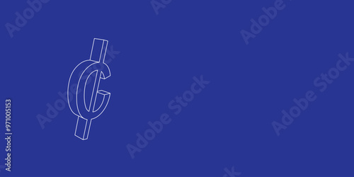 The outline of a large cent symbol made of white lines on the left. 3D view of the object in perspective. Vector illustration on indigo background