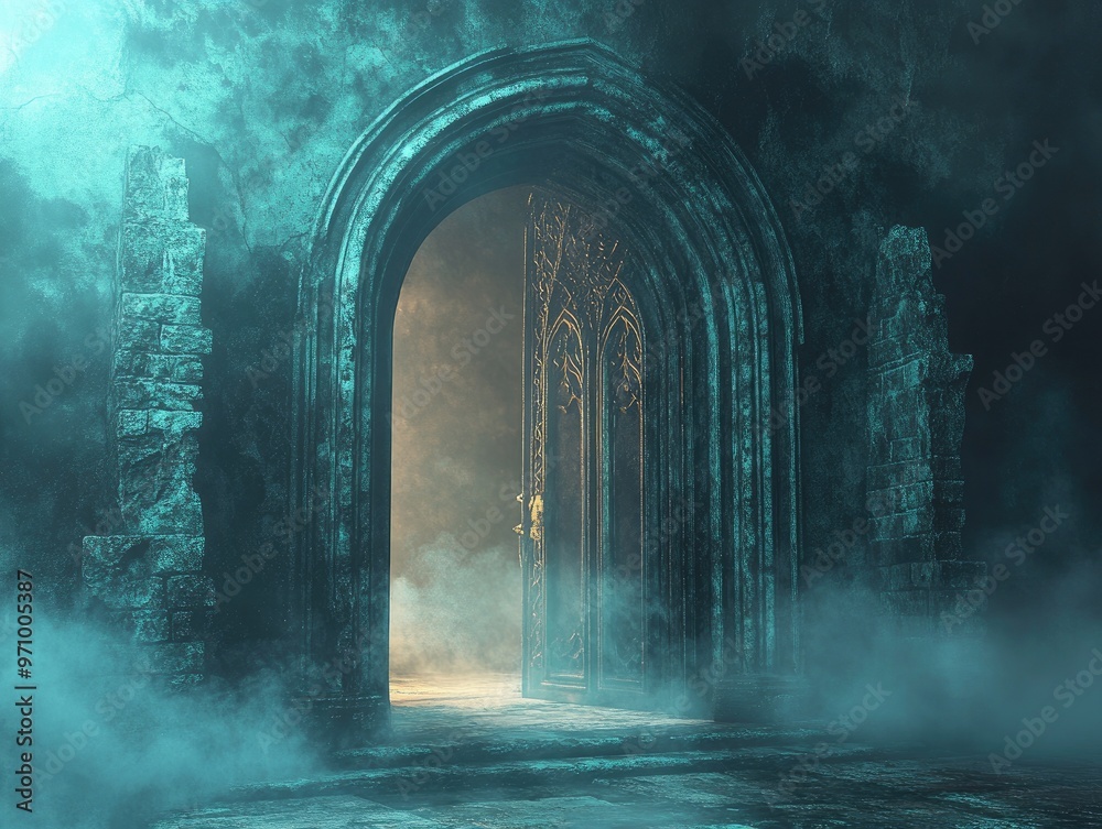 Enchanted doors in a shadowy space Abstract fantasy backdrop showcasing a glowing portal surrounded by mist and haze 3D rendering Enchanted doors in a shadowy space Abstract fantasy backdrop showcasing a glowing portal surrounded by mist and haze 3D rendering