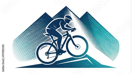 A stylized, bold logo featuring a sleek mountain bike silhouette surrounded by dynamic, curved lines and geometric shapes, evoking adventure and speed. photo