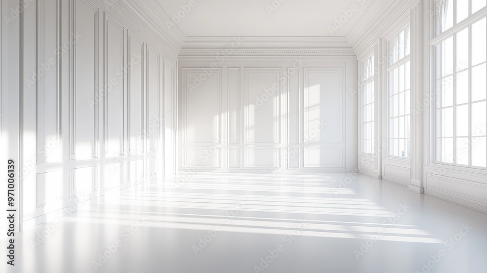 White Room Interior Design with Sunlight and Large Windows White Room Interior Design with Sunlight and Large Windows