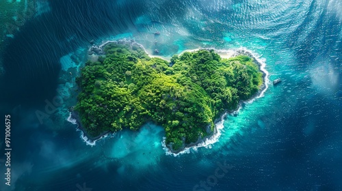 A breathtaking aerial view of a heart-shaped dense tropical island encompassed by vibrant crystal clear blue waters, exuding tranquility, romance, and natural allure.