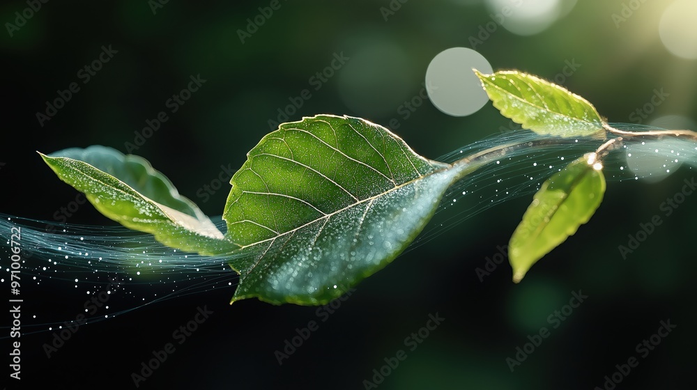 Glowing green leaves with flowing blue light on dark background for nature inspired designs Glowing green leaves with flowing blue light on dark background for nature inspired designs