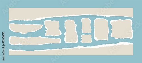 Torn paper pieces. Torn notebook page or scrap note with damaged border. Set of different abstract shapes ripped paper tears isolated on blue background. Design elements for banner, frame, poster