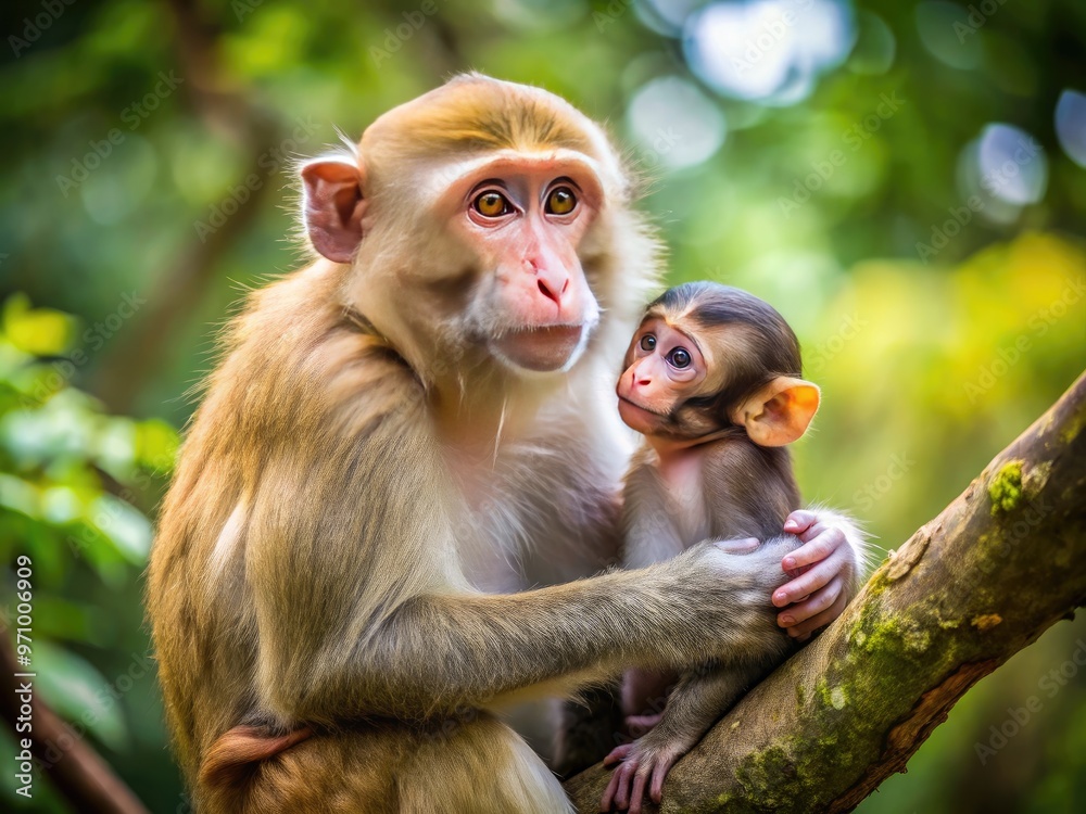 A tender moment between a gentle mother monkey and her adorable infant, both with soft fur and inquisitive eyes, perched on a lush tree branch. A tender moment between a gentle mother monkey and her adorable infant, both with soft fur and inquisitive eyes, perched on a lush tree branch.