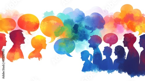A group of people standing in front, with colorful speech bubbles above their heads in different colors and shapes
