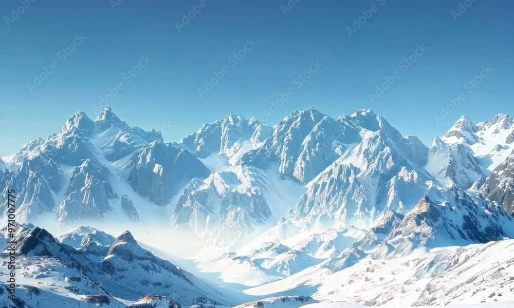 Snow-capped mountains under a clear blue sky, hyperrealistic Video Snow-capped mountains under a clear blue sky, hyperrealistic Video