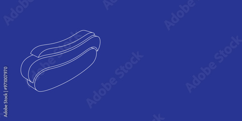 The outline of a large hotdog symbol made of white lines on the left. 3D view of the object in perspective. Vector illustration on indigo background