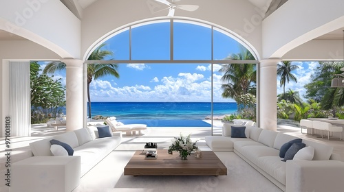 Luxurious oceanfront living room with open design, white sofas, and panoramic sea view
