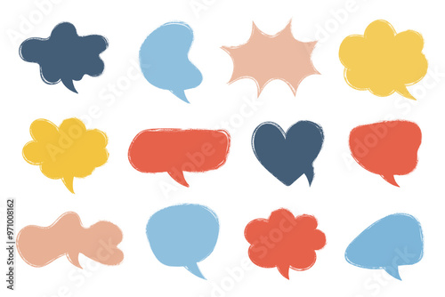 Grunge crayon drawn colourful speech bubbles icon set. Textured doodle dialog bubbles set