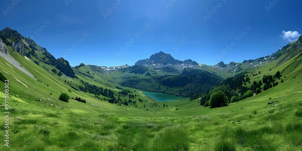 A green hills with water and mountains in the background A green hills with water and mountains in the background