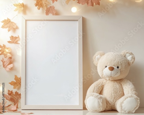 a wooden frame mock up put on the white wall and teddy beer