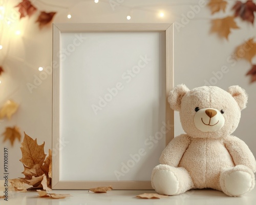 a wooden frame mock up put on the white wall and teddy beer