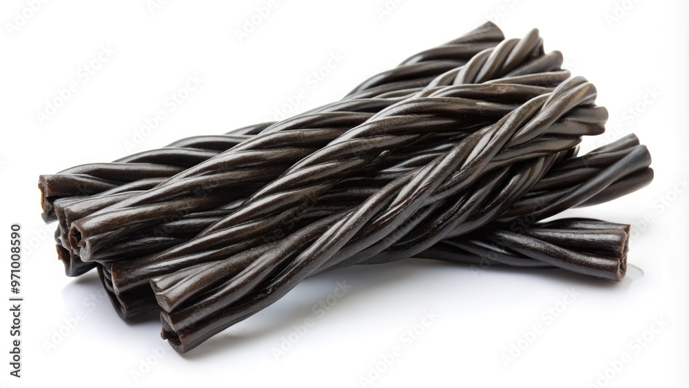 A twisted bundle of dark, shiny black licorice whips against a clean white background, tempting with its sweet and tangy flavor. A twisted bundle of dark, shiny black licorice whips against a clean white background, tempting with its sweet and tangy flavor.