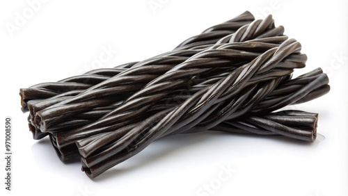 A twisted bundle of dark, shiny black licorice whips against a clean white background, tempting with its sweet and tangy flavor. photo