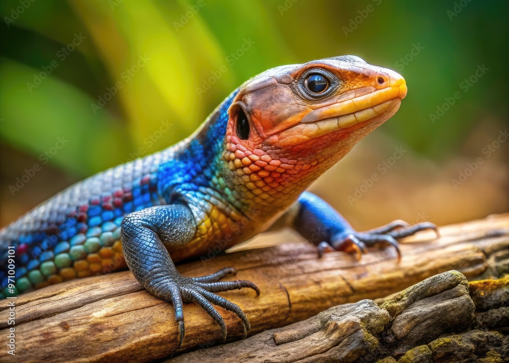 A vibrant broad-headed skink lizard with scaly skin and blue-gray hue perches on a weathered wood log, its bright eyes scanning the surroundings intently. A vibrant broad-headed skink lizard with scaly skin and blue-gray hue perches on a weathered wood log, its bright eyes scanning the surroundings intently.