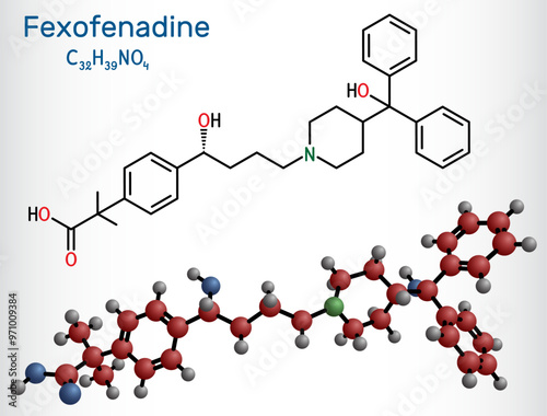 Fexofenadine molecule. It is symptomatic drug of seasonal allergic rhinitis. Structural chemical formula, molecule model. Vector illustration