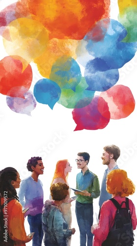 A group of people standing in front, with colorful speech bubbles above their heads in different colors and shapes