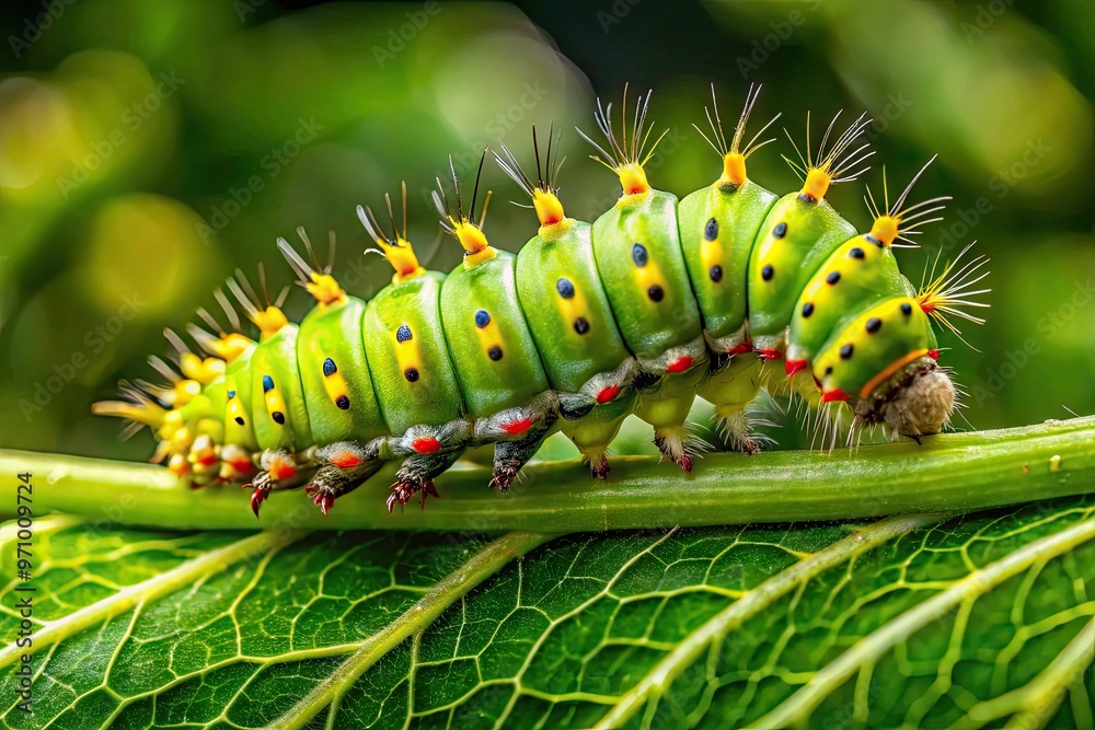 A vibrant green lunar moth larva with yellow stripes and tiny hairs crawls on a leaf, its multiple legs and prolegs grasping the green foliage. A vibrant green lunar moth larva with yellow stripes and tiny hairs crawls on a leaf, its multiple legs and prolegs grasping the green foliage.