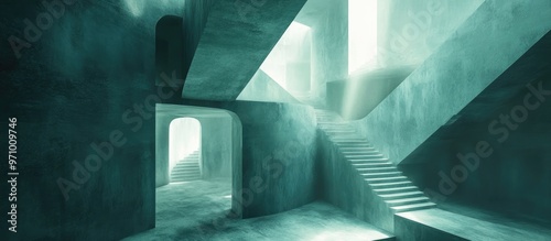 Ethereal 3D illustration of a surreal stair maze depicting concepts of backrooms lucid dreams impossible architecture or a liminal space