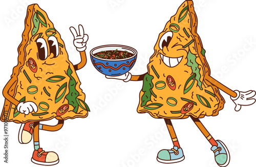 Cartoon groovy Korean pajeon characters with cheerful expressions. Isolated vector playful and funky Asian cuisine personages, one holding a bowl of dipping sauce, and the other flashing a peace sign