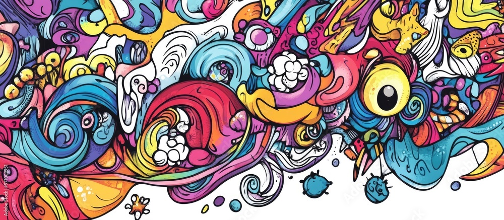 Surreal and whimsical abstract doodle design for a coloring book featuring vibrant and imaginative elements on a white background