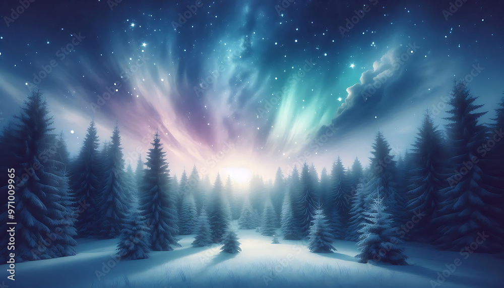 Winter landscape featuring a dense forest of snow covered pine trees under a night sky with stars Winter landscape featuring a dense forest of snow covered pine trees under a night sky with stars