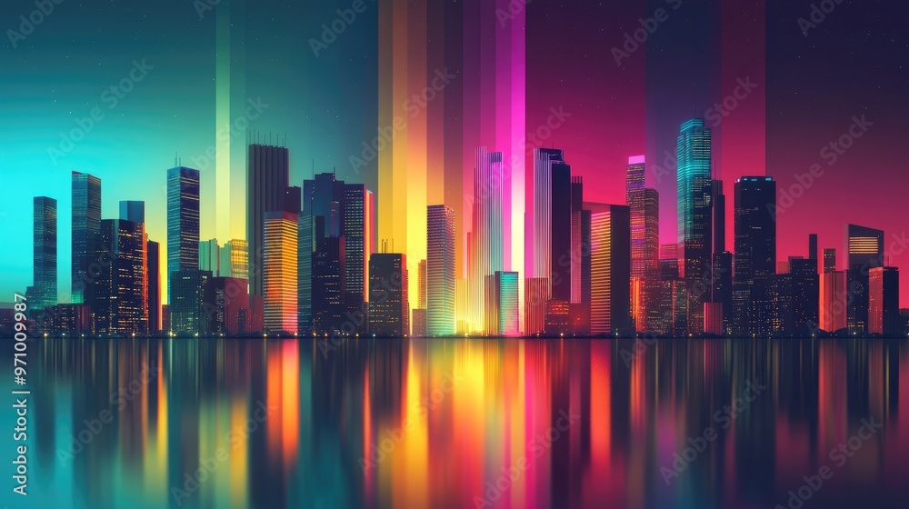Fototapeta premium Futuristic cityscape featuring illuminated buildings against a vibrant rainbow backdrop Surreal urban environment with geometric shapes 2d illustration suitable for web use