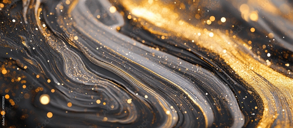 Close up of an acrylic pour painting featuring golden metallics Depicting a surreal landscape with blended gold hues sparkles canvas texture and bokeh effects upon enlargement Close up of an acrylic pour painting featuring golden metallics Depicting a surreal landscape with blended gold hues sparkles canvas texture and bokeh effects upon enlargement