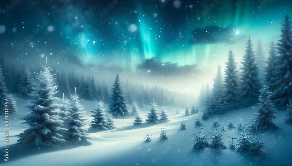 Winter landscape featuring a dense forest of snow covered pine trees under a night sky with stars Winter landscape featuring a dense forest of snow covered pine trees under a night sky with stars