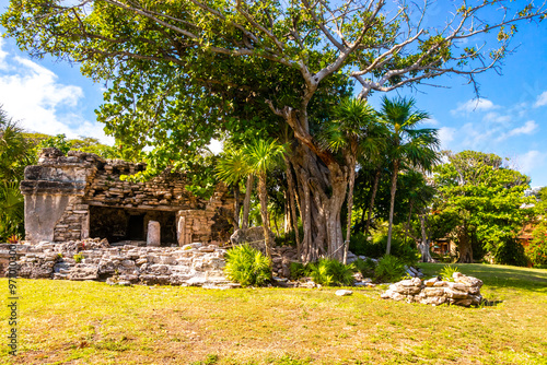 Xaman Ha Maya Ruins archeological site Playa del Carmen Mexico. photo