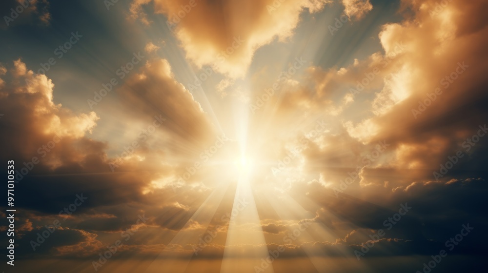 Sun beams or rays breaking through the dark clouds at sunset. Neural network ai generated art Sun beams or rays breaking through the dark clouds at sunset. Neural network ai generated art