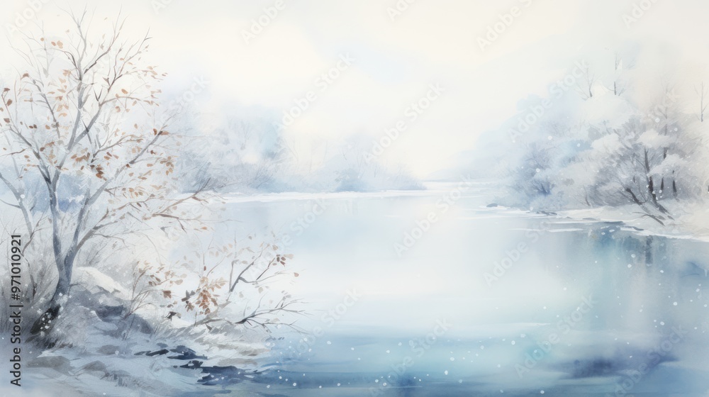 Serene Winter Landscape with Snow-Covered Trees and Tranquil Frozen Lake, River Serene Winter Landscape with Snow-Covered Trees and Tranquil Frozen Lake, River