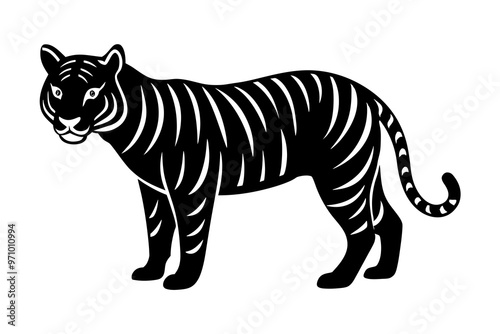 Hand drawn tiger in a minimal linocut style. 4k silhouette black color photo