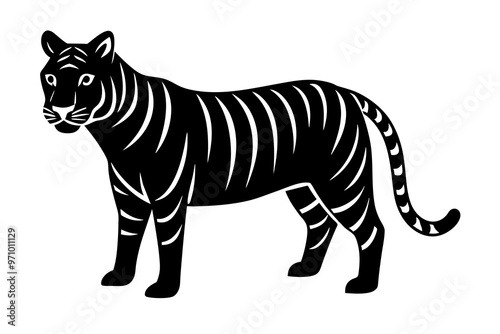 Hand drawn tiger in a minimal linocut style. 4k silhouette black color photo