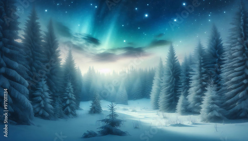 Winter landscape featuring a dense forest of snow covered pine trees under a night sky with stars