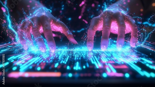 Hands Interacting with a Futuristic, Glowing Interface