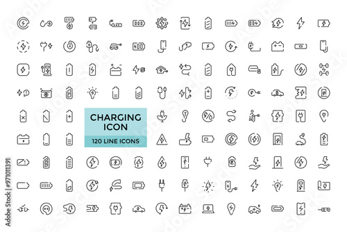 Charging icon collections. recharge, battery, energy, electricity, electric car and charging station icons. Editable Stroke icon collection, Outline icon. Vector illustration