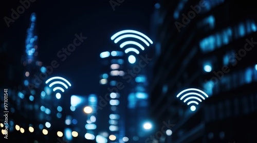Modern cityscape with glowing wi-fi symbols and skyscrapers at night