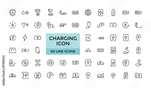 Charging icon collections. recharge, battery, energy, electricity, electric car and charging station icons. Editable Stroke icon collection, Outline icon. Vector illustration