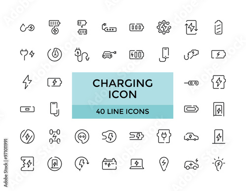 Charging icon collections. recharge, battery, energy, electricity, electric car and charging station icons. Editable Stroke icon collection, Outline icon. Vector illustration